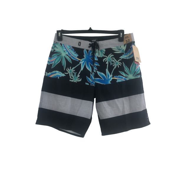 Mens black tropical Vans 4 way stretch board shorts Size 32 inseam 9" New - Picture 2 of 9
